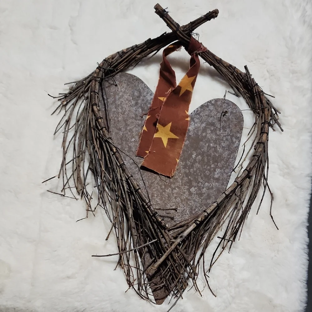 Rustic Heart-Shaped Twig Wreath with Star Ribbon